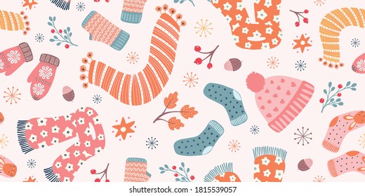 Autumn Hygge border pattern design . Vector winter and Fall seamless repeat background.