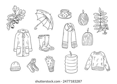 Autumn hygge contour doodle set with umbrella. Monochrome outline stickers with warm cozy things and leaves. Vector clipart of sketchy drawings isolated on white background