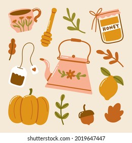 Autumn hygge doodle cozy things tea cup teapot tea bag honey jar dipper pumpkin lemon acorn maple leaves illustration