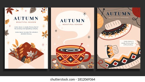 Autumn hygge illustrations in vintage hand drawn design