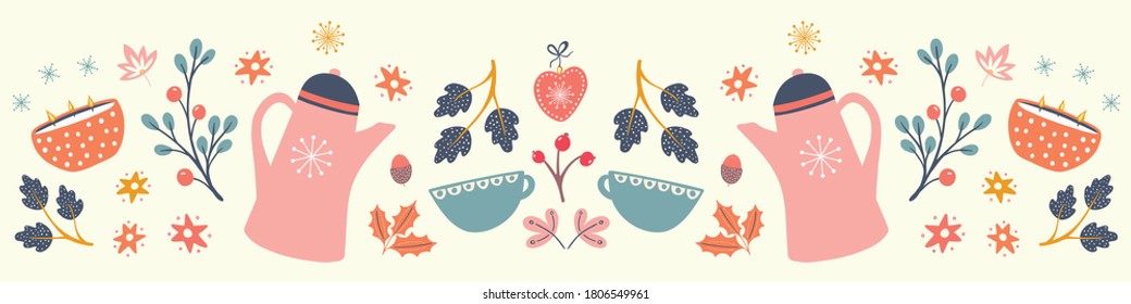 Autumn Hygge pattern design banner. Cute symmetrical vector winter and Fall seamless repeat border.