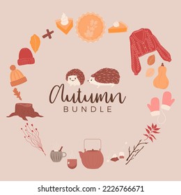 Autumn icon bundle with hedgehogs and cute various fall items