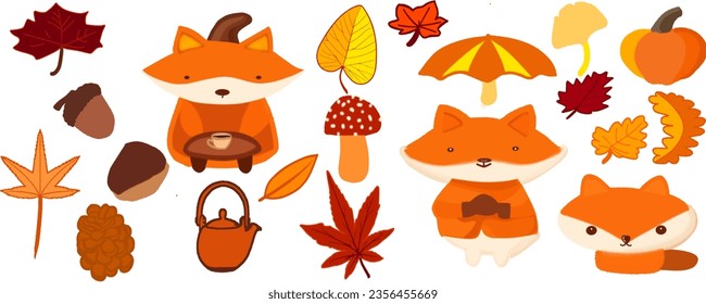 Autumn icon collection includes cute fox, maple leaf, acorn, pumpkin, mushroom, coffee cup, kettle, umbrella, chestnut, coffee table, ginkgo leaf and pine cones. Vector illustration.