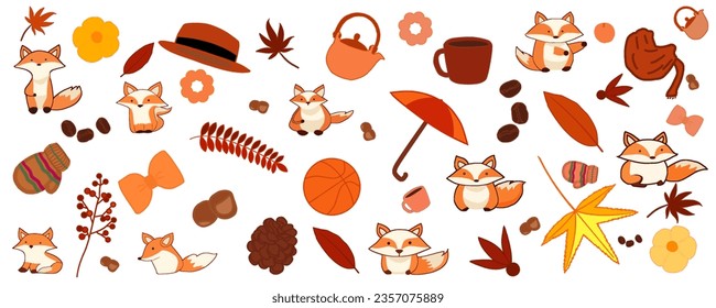 Autumn icon collection set consists of cute foxes and items on white background. Vector illustration drawings.