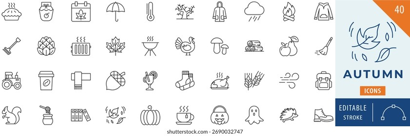 Autumn icon collection set. Editable stroke.