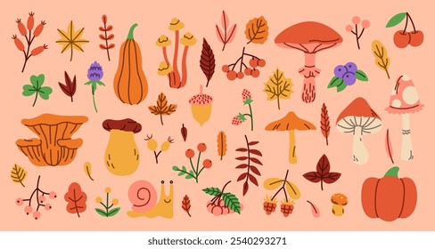 Autumn icon. Leaf, mushroom, pumpkin and berry, forest acorn. Fall leaves sticker. Kid element fall isolated elements for decor. Doodle motif Thanksgiving holiday design objects. Vector flat harvest