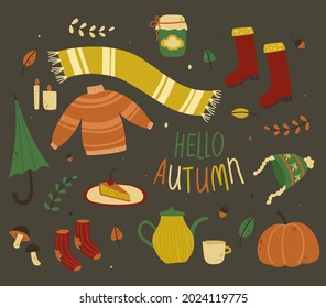 Autumn icon and objects for design. Warm clothing, warming objects. Vector illustration.