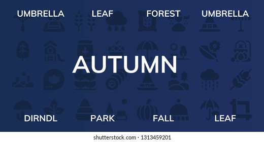 autumn icon set. 32 filled autumn icons. on blue background style Simple modern icons about  - Umbrella, Leaf, Forest, Dirndl, Park, Fall, Wheat, Candy corn, Rain, Acorn, Bale