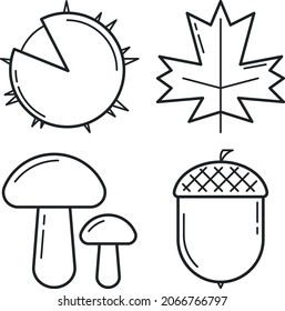 Autumn icon set. 4 line icons: chestnut, leaf, mushrooms, acorn.