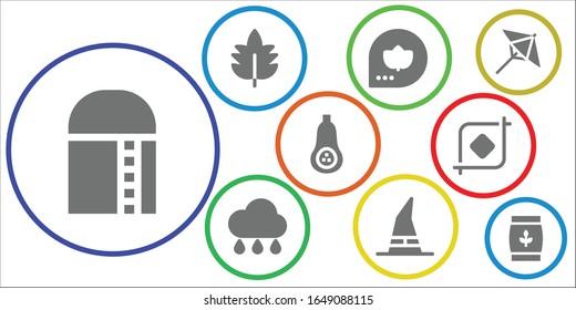 autumn icon set. 9 filled autumn icons. Included Harvest, Leaf, Fall, Rain, Witch, Butternut squash, Crop, Umbrella, Wheat icons
