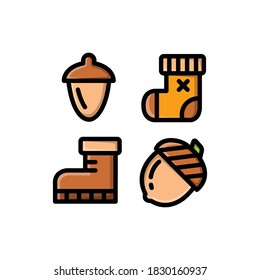 Autumn icon set with Acorn, Oak, Boot And Sock, Vector Illustrations.