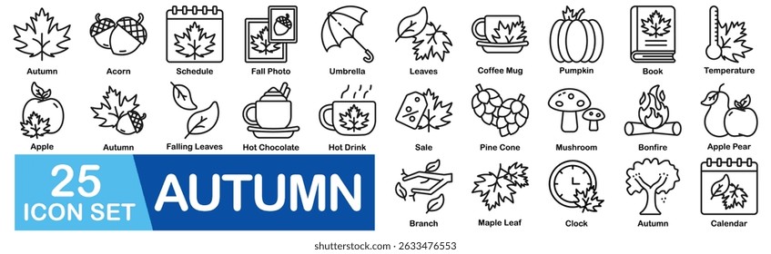 Autumn Icon Set With Acorn, Schedule, Fall Photo, Umbrella, Leaves, Coffee Mug, Pumpkin, Book, Temperature, Apple, Falling Leaves, Hot Chocolate