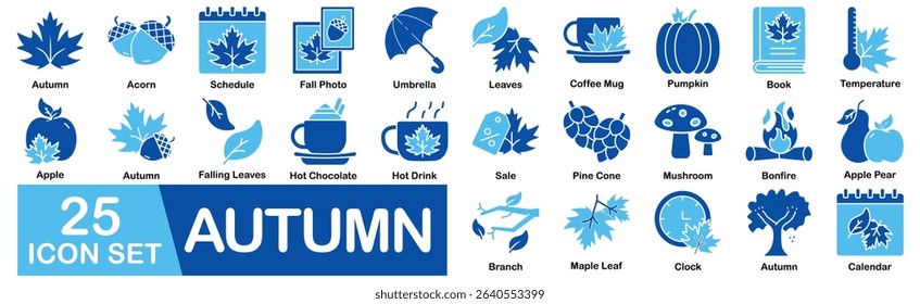 Autumn Icon Set With Acorn, Schedule, Fall Photo, Umbrella, Leaves, Coffee Mug, Pumpkin, Book, Temperature, Apple, Falling Leaves, Hot Chocolate