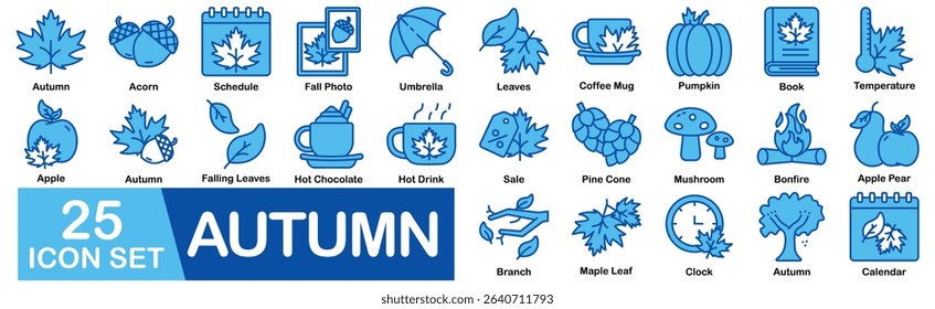 Autumn Icon Set With Acorn, Schedule, Fall Photo, Umbrella, Leaves, Coffee Mug, Pumpkin, Book, Temperature, Apple, Falling Leaves, Hot Chocolate