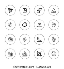 Autumn icon set. collection of 16 outline autumn icons with candy corn, cauldron, crop, haunted house, grain, leaf, park, rain, rainy, potato peeling, umbrella, wheat icons.