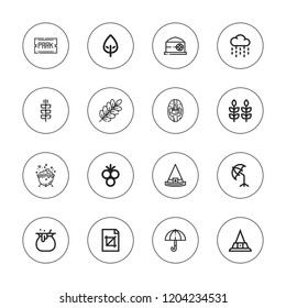 Autumn icon set. collection of 16 outline autumn icons with branch, cauldron, crop, grain, leaf, park, rain, rowan, potato peeling, umbrella, wheat icons.