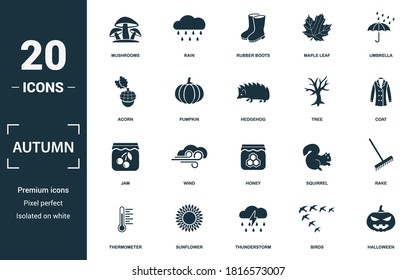 Autumn icon set. Collection of simple elements such as the mushrooms, rain, rubber boots, maple leaf. Autumn theme signs.