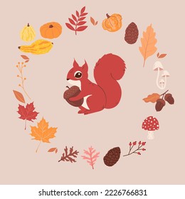 Conjunto de iconos de otoño con ardilla roja linda y varios artículos de otoño