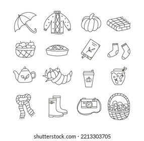 Autumn Icon Set. Different Fall Objects. Doodle Style. Hand Drawn Elements. Outline Vector.