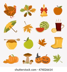 Autumn icon set. Halloween and Thanksgiving day. Flat design. Vector illustration