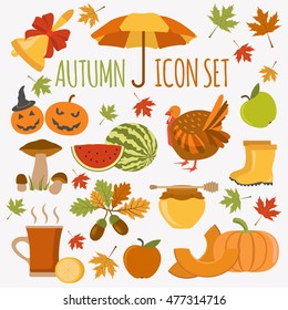 Autumn icon set. Halloween and Thanksgiving day. Flat design. Vector illustration