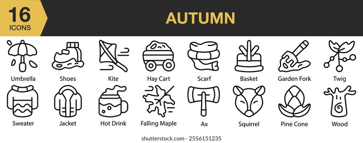 Autumn icon set. Includes cart, scarf, basket, axe, pine cone, wood, garden fork, and More. Outline icons vector collection.