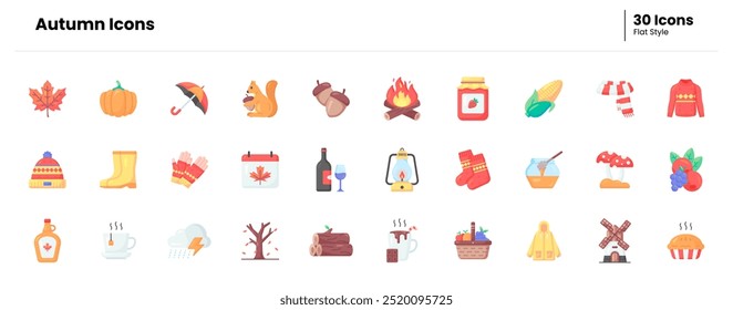Conjunto de ícone de outono. outono, folha, natureza, folhas, estação, outono, laranja, árvore, bordo, floresta. Ilustração de ícone plano de vetor