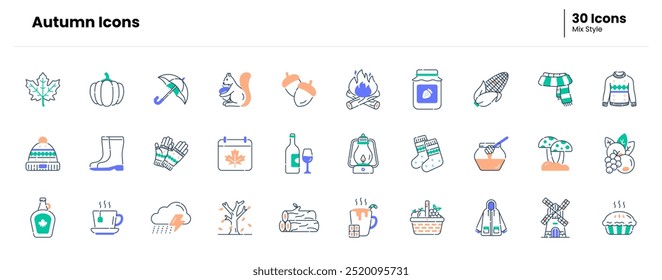Autumn icon set. autumn, leaf, nature, leaves, season, fall, orange, tree, maple, forest. Vector mix icon illustration
