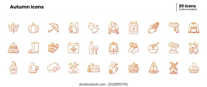 Autumn icon set. autumn, leaf, nature, leaves, season, fall, orange, tree, maple, forest. Vector outline gradient icon illustration