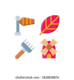Icono de otoño con Leaf, Wind, Rake And Windmill, Ilustraciones vectoriales.