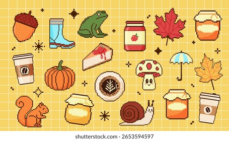 Ícone de outono definido. Objetos Pixel Art em estilo de 8 bits. Abóbora, esquilo, caracol, bolota