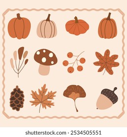 Autumn Icon Set with Pumpkins and Foliage in Warm Tones