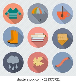 Autumn icon set. Rain, umbrella, clothes, leaves, books, cup, cookies. Colorful flat style vector illustration.