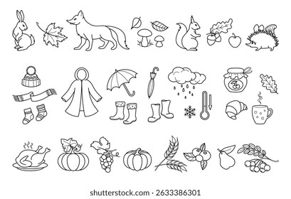 Autumn Icon Set. Symbols and signs for autumn design. Isolated black outline on white background. Vector illustration