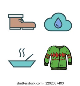 autumn icon set. vector set about boot, soup, sweater and rain icons set.