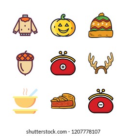 autumn icon set. vector set about purse, sweater, acorn and soup icons set.