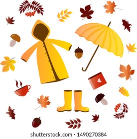 Autumn icon set. Vector mushrooms and boots, raincoat and cup of tea, umbrella and acorn illustration. For textiles, fabrics, cotton fabric, wallpaper, print, gift wrapping, postcard, scrapbooking.