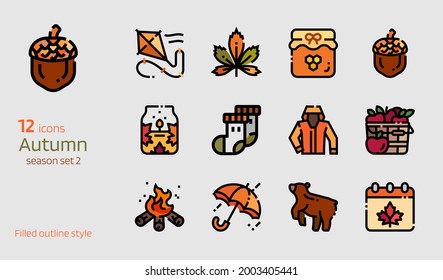 Autumn icon vector set. Colored line and filled outline style collection of season attributes