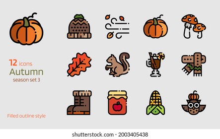 Autumn icon vector set. Filled outline style collection of season attributes