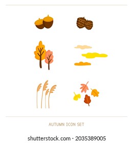 Autumn icons. Acorns and pine cones, red autumn trees, clouds, reeds, leaves.