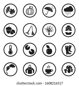 Autumn Icons. Black Flat Design In Circle. Vector Illustration.
