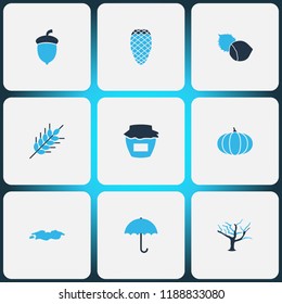 Autumn icons colored set with wheat, pine cone, tree and other acorn elements. Isolated vector illustration autumn icons.