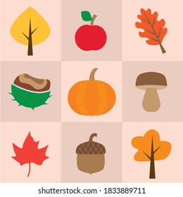 autumn icons composition, tree, leaf, apple, chestnut, acron, mushroom- vector illustration
