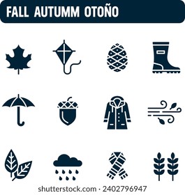 Iconos del otoño. Juego de vectores de temporada de otoño. Diseño de icono relleno. Naturaleza autónoma.