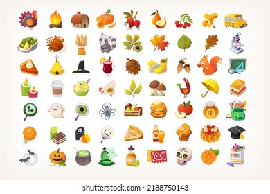 Herbstsymbole und Illustrationen Dies sind Bilder von Schule, Herbstnatur und Tieren, Speisen von Äpfeln und Kürkins, Dies sind Bilder von Schule, Herbstnatur und Tieren, Lebensmittel 