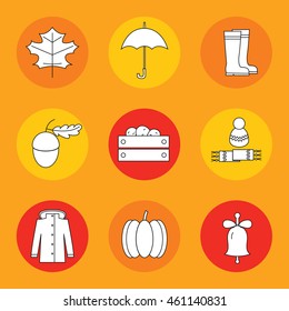 Autumn Icons on an orange background in the style of the outlines. Vector illustration.