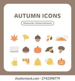 Autumn Icons Set of 15 Flat Vector Illustrations with Leaves, Food and Halloween