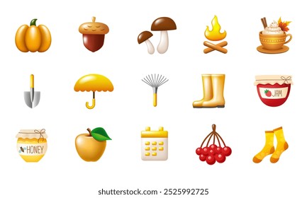 Autumn icons set. 3d vector icons isolated on white background.