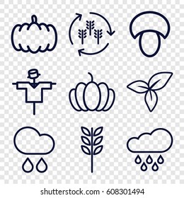 Autumn icons set. set of 9 autumn outline icons such as harvest, mushroom, pumpkin, scarecrow, leaf, rain