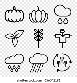 Autumn icons set. set of 9 autumn outline icons such as harvest, pumpkin, scarecrow, rain, leaf